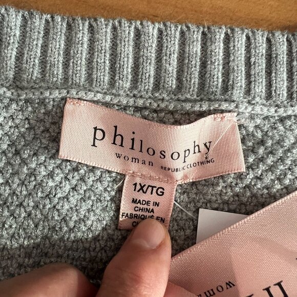 Philosophy Womens Plus Sz 1X Cable Knit Crewneck Sweater Light Mist Grey Heather - Picture 8 of 11